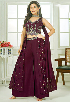 Embroidered Art Silk Crop Top Set in Wine