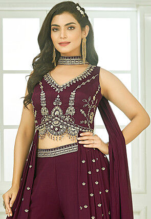 Embroidered Art Silk Crop Top Set in Wine
