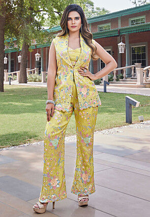 Embroidered Art Silk Crop Top Set in Yellow