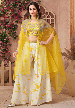 Embroidered Art Silk Crop Top Set in Yellow