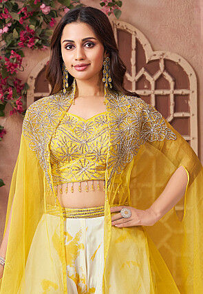 Embroidered Art Silk Crop Top Set in Yellow