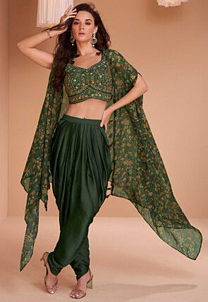Embroidered Art Silk Crop Top Set with Jacket in Dark Green