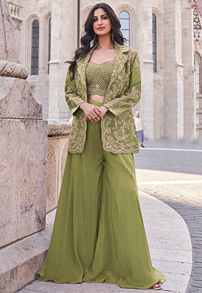 Embroidered Art Silk Crop Top Set with Jacket in Light Green