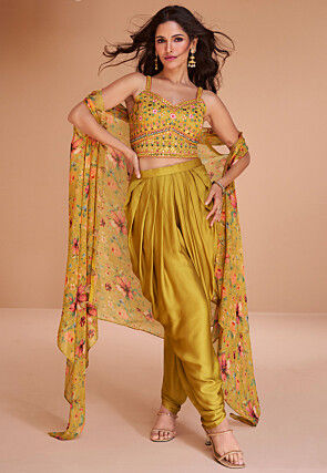 Embroidered Art Silk Crop Top Set with Jacket in Yellow