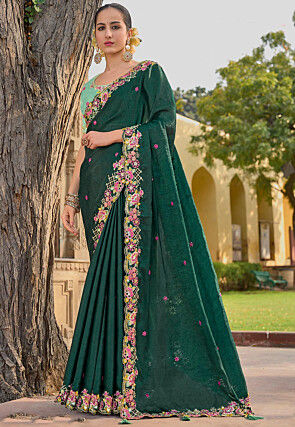 Embroidered Art Silk Crushed Saree in Dark Green