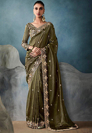 Embroidered Art Silk Crushed Scalloped Saree in Olive Green