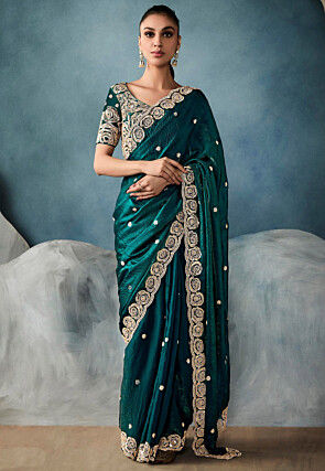 Embroidered Art Silk Crushed Scalloped Saree in Teal Green
