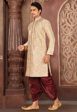 Embroidered Art Silk Dhoti Kurta in Beige
