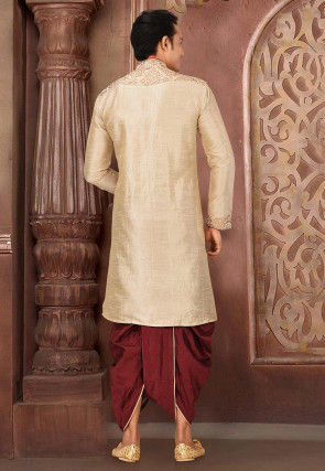 Embroidered Art Silk Dhoti Kurta in Beige