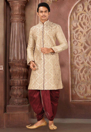 Embroidered Art Silk Dhoti Kurta in Beige