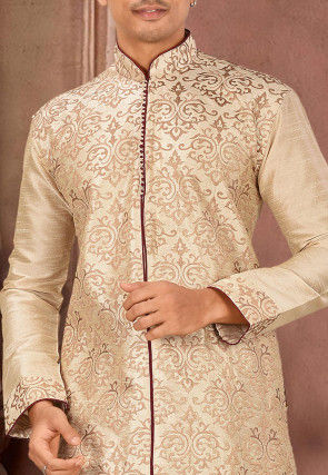 Embroidered Art Silk Dhoti Kurta in Beige