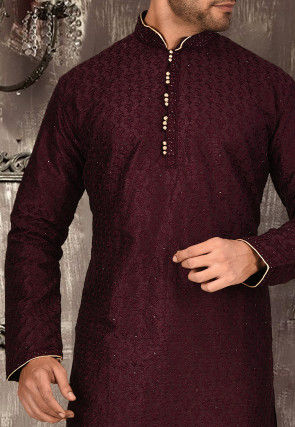 Embroidered Art Silk Dhoti Kurta in Dark Maroon
