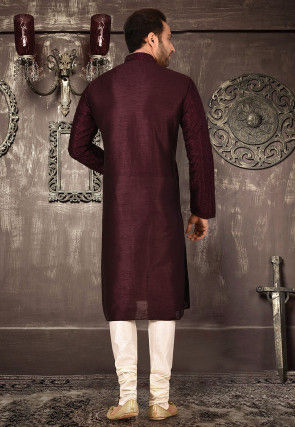 Embroidered Art Silk Dhoti Kurta in Dark Maroon