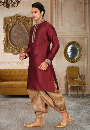 Embroidered Art Silk Dhoti Kurta in Maroon