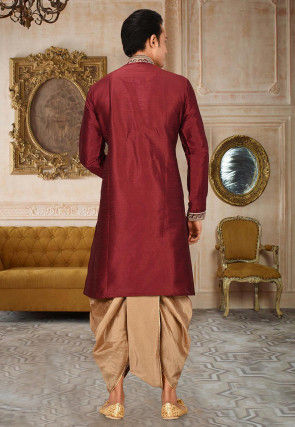 Embroidered Art Silk Dhoti Kurta in Maroon