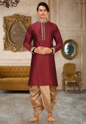 Embroidered Art Silk Dhoti Kurta in Maroon