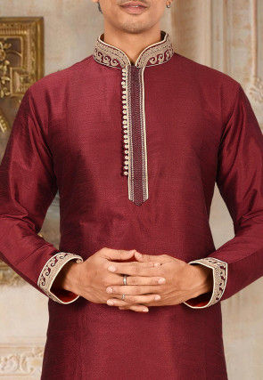 Embroidered Art Silk Dhoti Kurta in Maroon