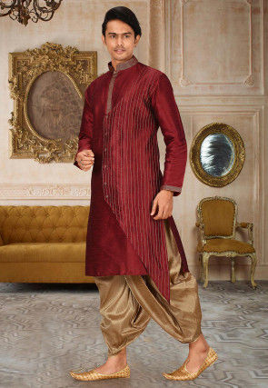 Embroidered Art Silk Dhoti Kurta in Maroon