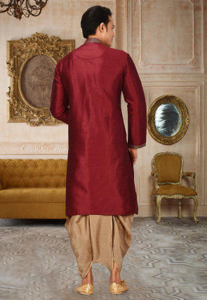 Embroidered Art Silk Dhoti Kurta in Maroon