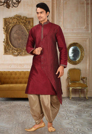 Embroidered Art Silk Dhoti Kurta in Maroon