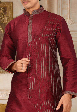 Embroidered Art Silk Dhoti Kurta in Maroon