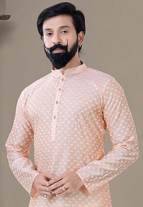 Embroidered Art Silk Dhoti Kurta in Peach