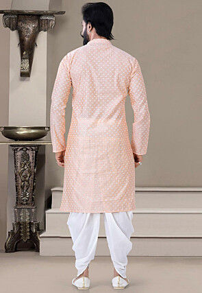 Embroidered Art Silk Dhoti Kurta in Peach