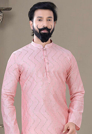 Embroidered Art Silk Dhoti Kurta in Pink