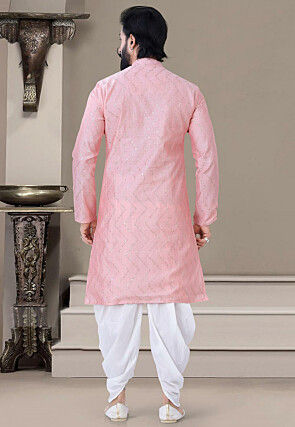 Embroidered Art Silk Dhoti Kurta in Pink