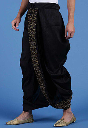 Embroidered Art Silk Dhoti Pant in Black