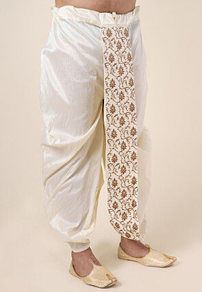Embroidered Art Silk Dhoti Pant in Cream