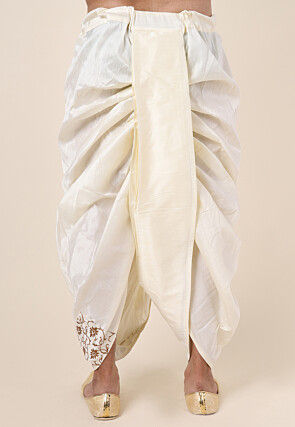 Embroidered Art Silk Dhoti Pant in Cream