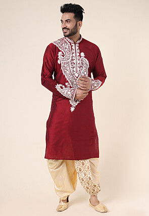 Embroidered Art Silk Dhoti Pant in Cream