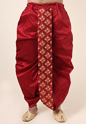 Embroidered Art Silk Dhoti Pant in Maroon