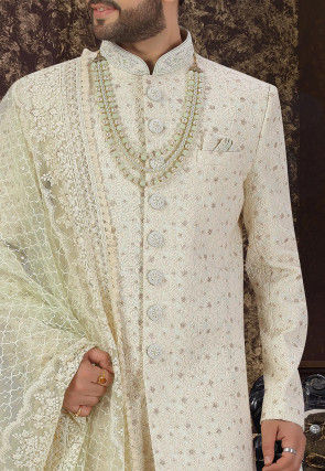 Embroidered Art Silk Dhoti Sherwani in Cream