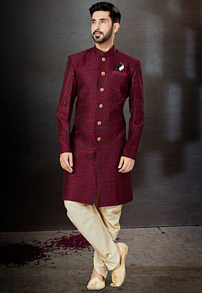 Embroidered Art Silk Dhoti Sherwani in Maroon