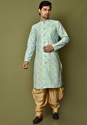Embroidered Art Silk Dhoti Sherwani in Off White and Blue