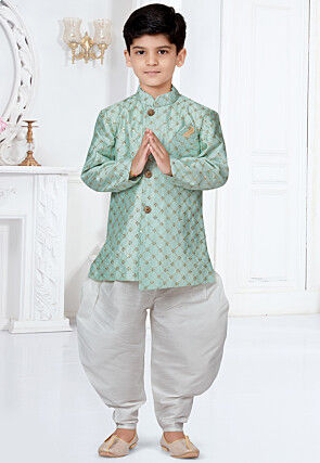 Embroidered Art Silk Dhoti Sherwani in Sea Green