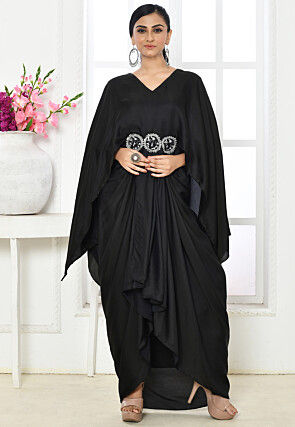 Embroidered Art Silk Draped Gown in Black
