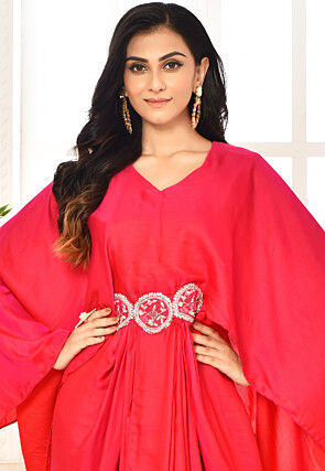 Embroidered Art Silk Draped Gown in Fuchsia
