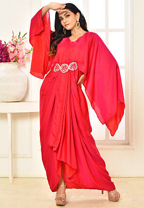 Embroidered Art Silk Draped Gown in Fuchsia
