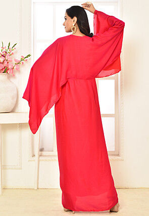 Embroidered Art Silk Draped Gown in Fuchsia