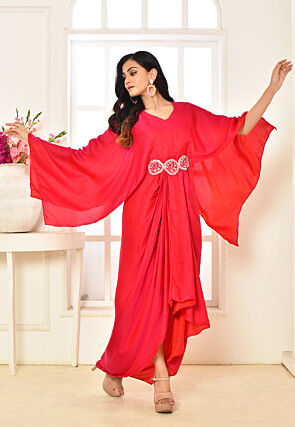 Embroidered Art Silk Draped Gown in Fuchsia
