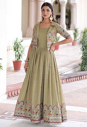 Embroidered Art Silk Dress in Dusty Green