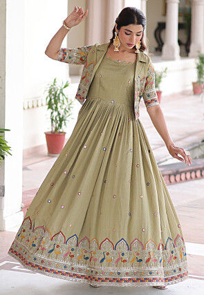 Embroidered Art Silk Dress in Dusty Green