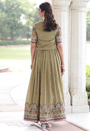 Embroidered Art Silk Dress in Dusty Green