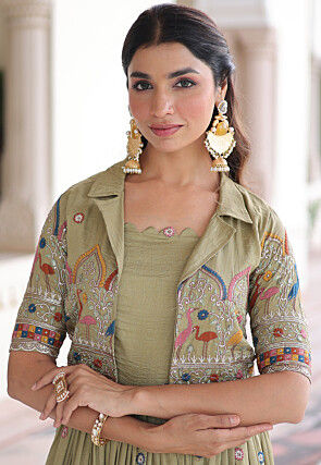 Embroidered Art Silk Dress in Dusty Green