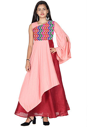 Embroidered Art Silk Dress in Pink and Maroon