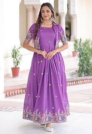 Embroidered Art Silk Dress in Purple