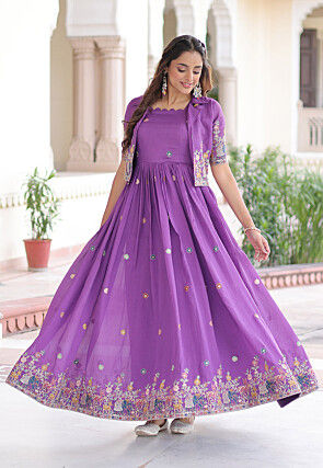 Embroidered Art Silk Dress in Purple